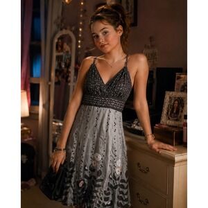 Y2K Ted Baker Grey Midi Floral Slip Dress with Pink Accents garden